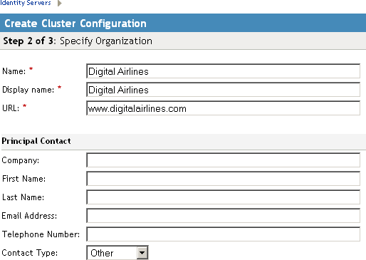 Identity Server configuration organization page
