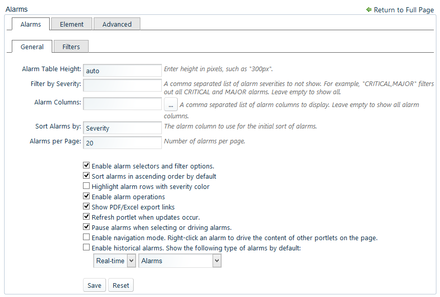Alarm Component Configuration Options