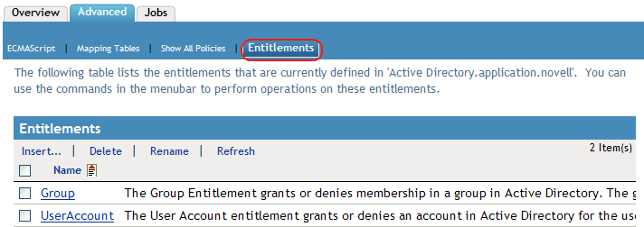 Entitlements tab