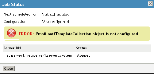 Job Status dialog box with an error displayed.