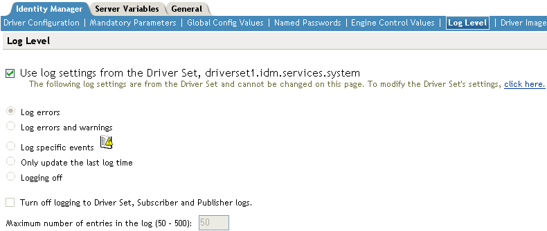 Log levels for the driver