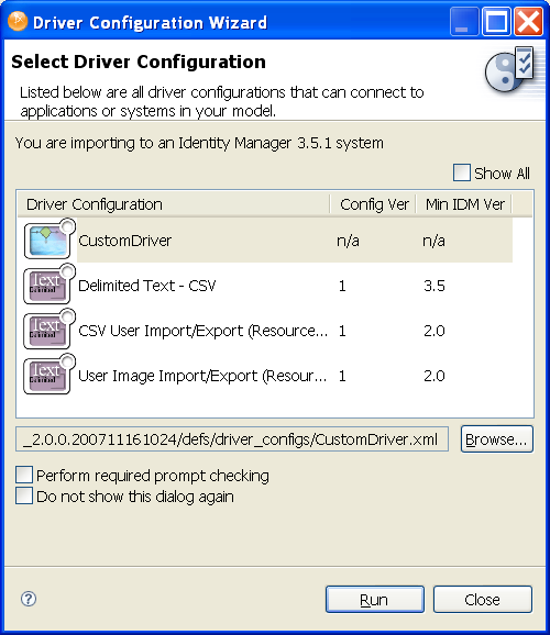 Custom Application Driver in the Driver Configuration Wizard