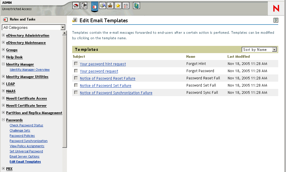 List of e-mail templates in iManager