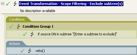Event transformation policy that excludes subtrees