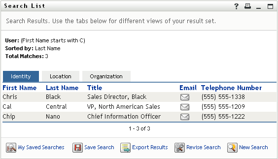 The Search List page displays search results