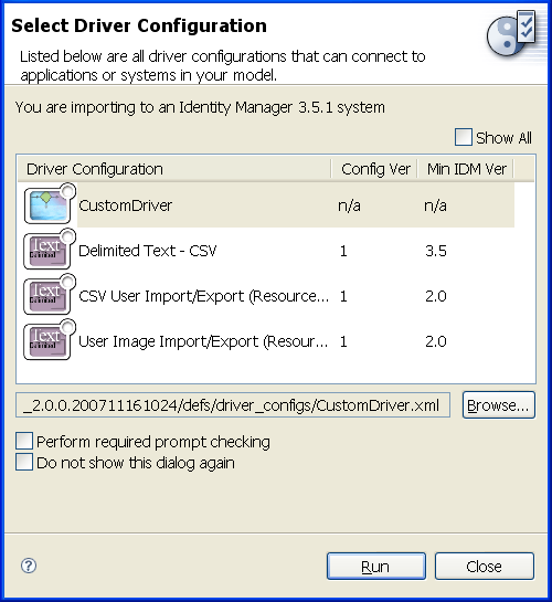 Custom Application Driver in the Driver Configuration Wizard