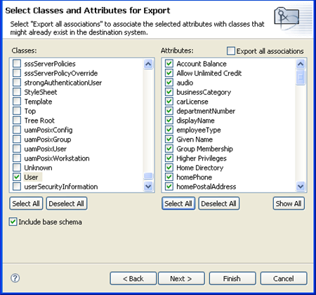 The Select Classes and Attributes for Export page