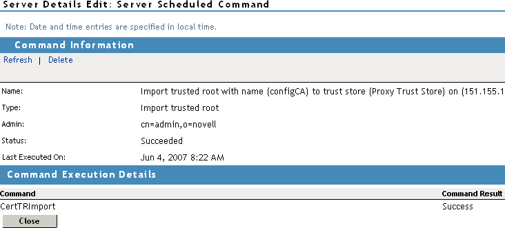 Command information for a certificate