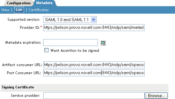 SAML 1.1 identity provider manual metadata entry
