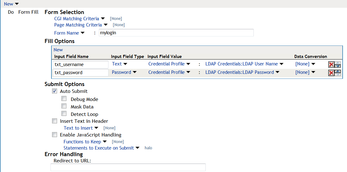 Configuring the actions in a form fill policy