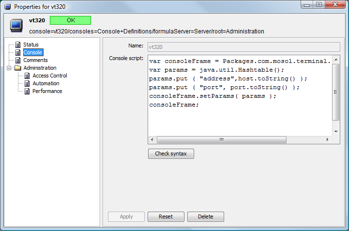 Console Definition in Properties Dialog
