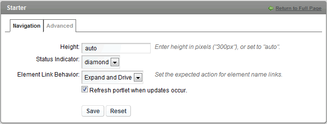 Status Indicator Configuration Options for Starter Portlet
