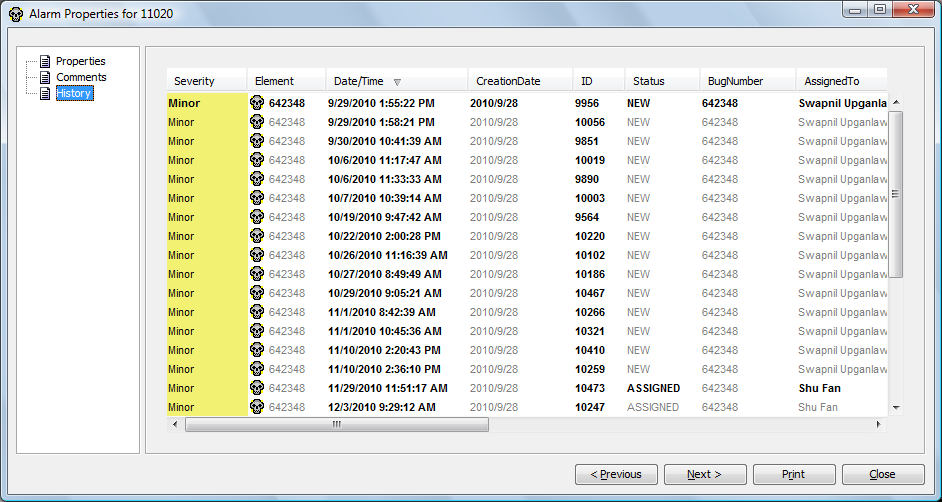 Alarm History Properties