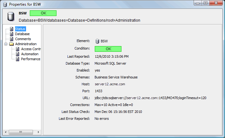 Properties for Service Warehouse Database Definition