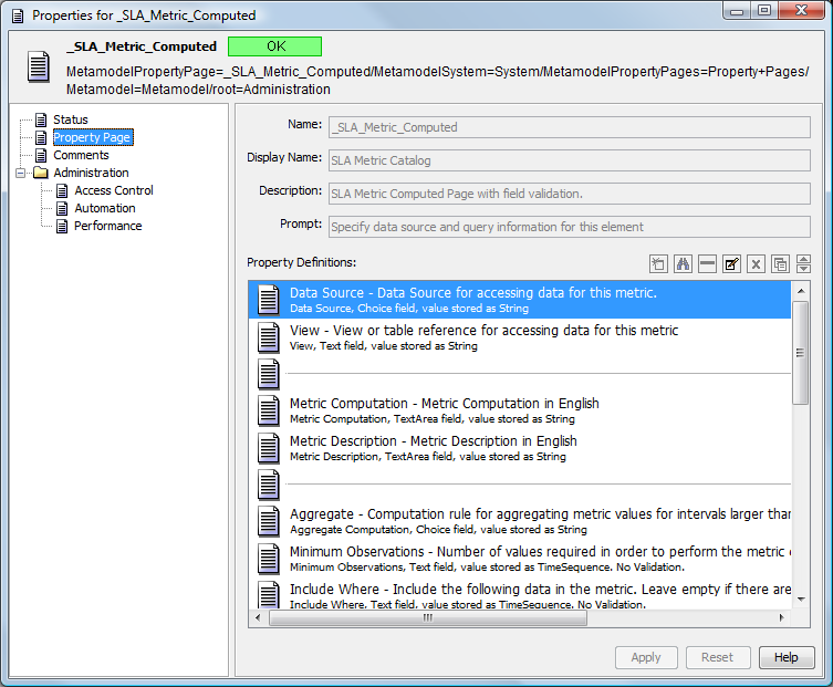 SLA Metric Computed Property Page Properties