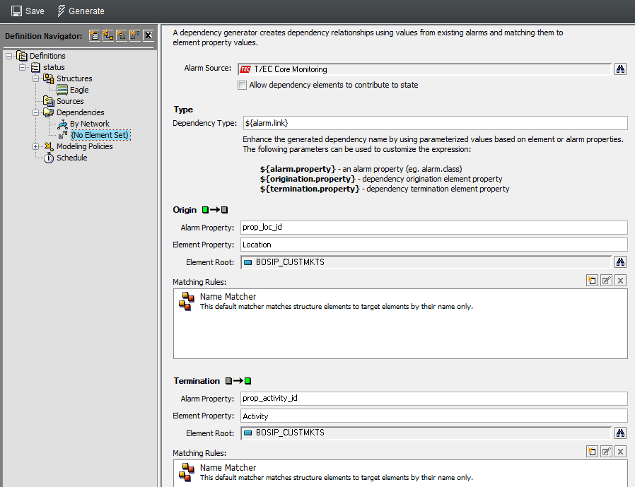 Dependency Definition with No Element Set in Definition Editor