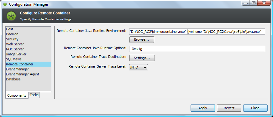 Remote Container settings in the Configuration Manager