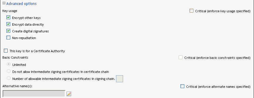 Certificate advanced settings