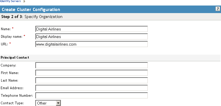 Identity Server configuration organization page