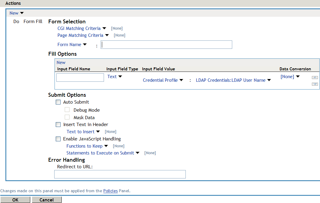 Configuring the actions for a sample form fill policy