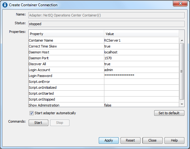 Create Container Connection dialog box