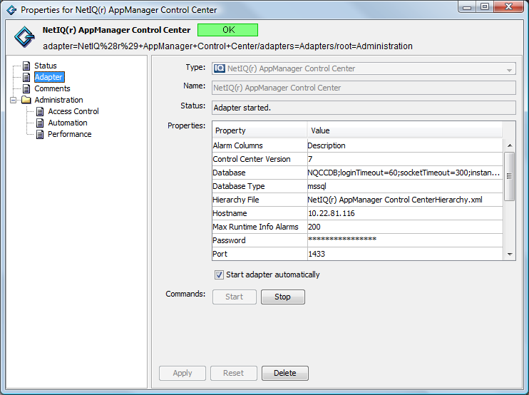 NetIQ AppManager Control Center Properties dialog box