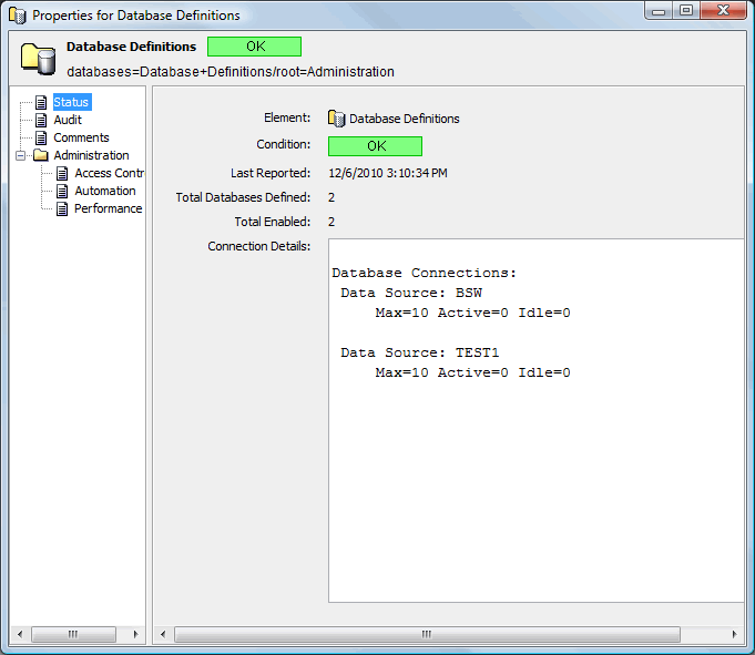 Properties for Database Definitions Window