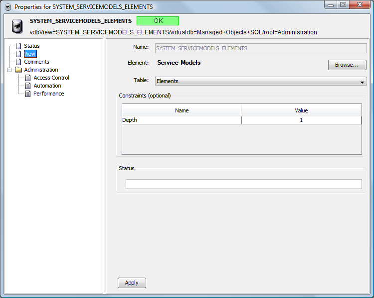 The View properties for an SQL view