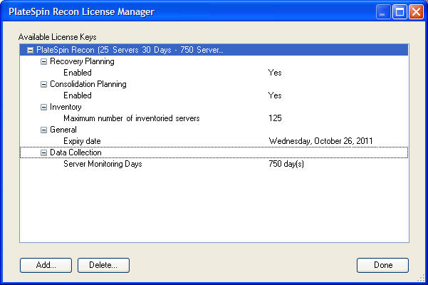 PlateSpin Recon License Manager dialog box