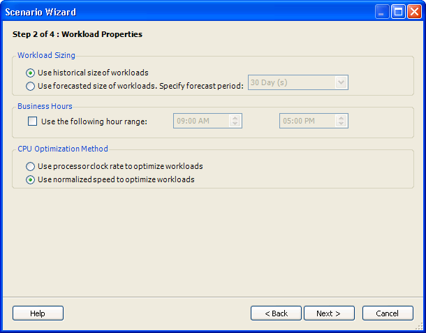 Scenario Wizard Step 2 of 4: Workload Properties page