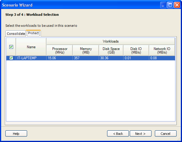 Scenario Wizard Step 3 of 4: Workload Selection page 