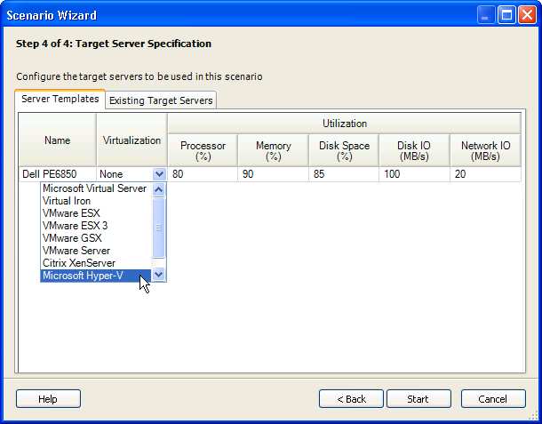 Scenario Wizard Step 4 of 4: Target Server Specification page