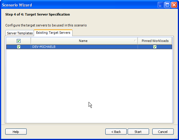 Scenario Wizard Step 4 of 4: Target Server Specification page