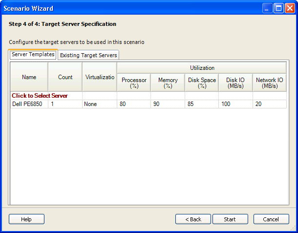 Scenario Wizard Step 4 of 4: Target Server Specification page