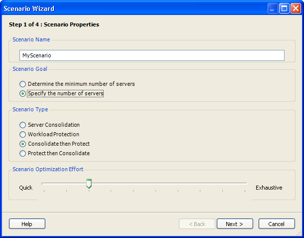 Scenario Wizard (Step 1 of 4: Scenario Properties) page