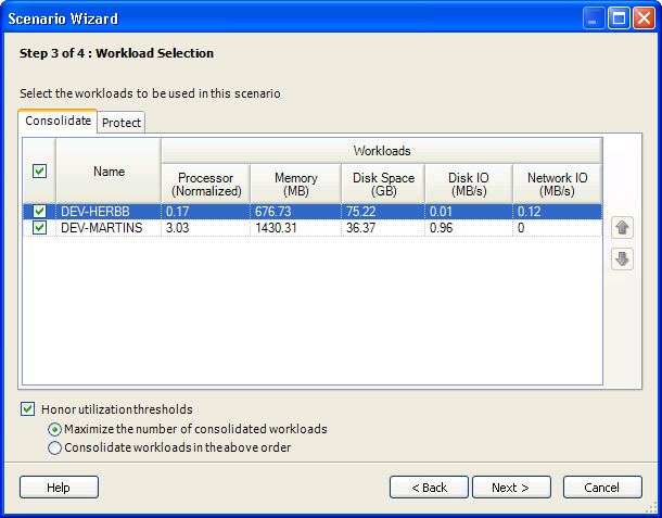 Scenario Wizard Step 3 of 4: Workload Selection page