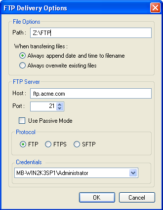 FTP Delivery Options dialog box