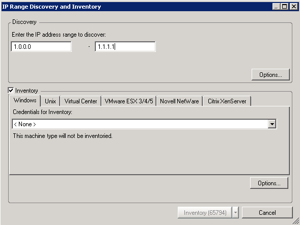IP Range Discovery and Inventory Dialog Box