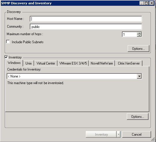 SNMP Discovery and Inventory Dialog Box