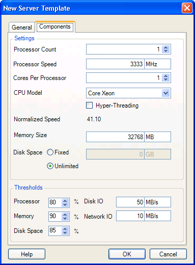 Components page of the New Server Template dialog box