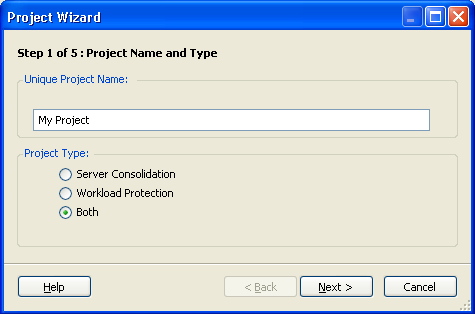 Project Wizard Step 1 of 5: Project Name and Type page