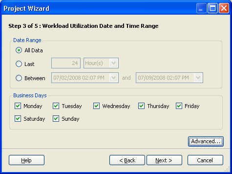 Project Wizard Step 3 of 5: Workload Utilization Date and Time Range page