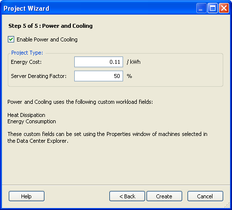 Project Wizard Step 5 of 5: Power and Cooling page