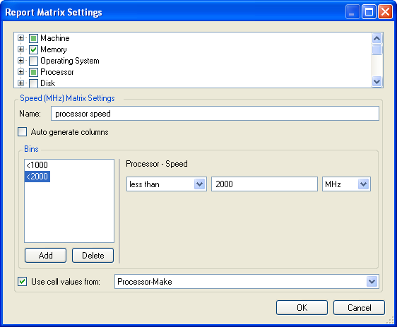 Report Matrix Settings dialog box