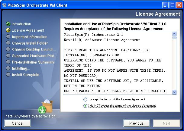 VM Client Installation Wizard - License Agreement Page