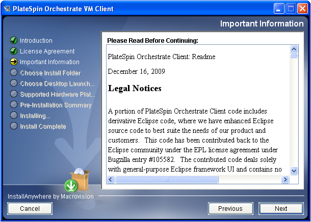 VM Client Installation Wizard - Important Information Page