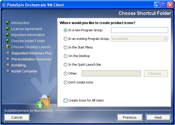VM Client Installation Wizard - Choose Shortcut Folder Page