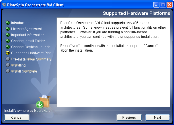 VM Client Installation Wizard - Supported Hardware Platforms Page