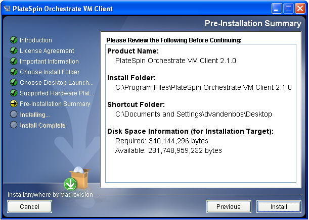 VM Client Installation Wizard - Pre-Installation Summary Page