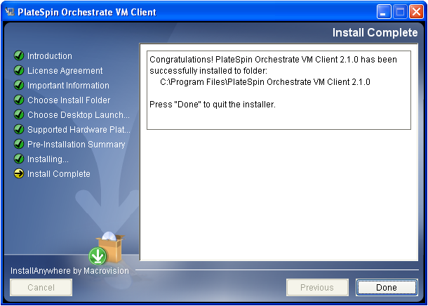 VM Client Installation Wizard - Install Complete Page